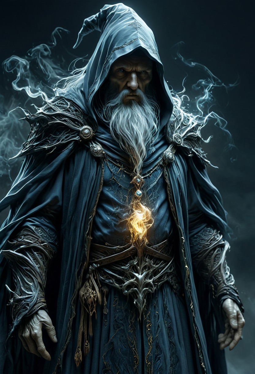 Eerie, wizard, intimidating, flowing garments, accurate anatomy, close-up, lifelike, stark contrast