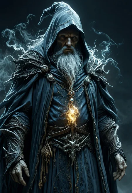 Eerie, wizard, intimidating, flowing garments, accurate anatomy, close-up, lifelike, stark contrast
