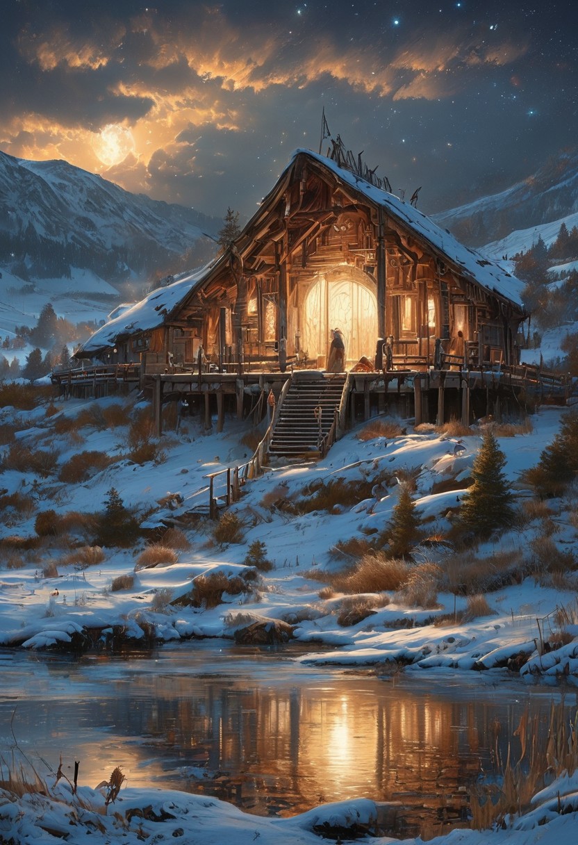 A captivating night scene illustration featuring a one floor WOODEN viking long house standing tall on a large snowy hill overlooking a lake. The beautiful viking longhouse adorned with some windows, emits a warm glow, highlighting its incredible craftsmanship. The snowy  hill is covered in great pine trees, reflecting on the calm, moonlit snow  that mirrors the silvery moonlight. The full moon graces the sky, casting an ethereal glow on the clouds and mountain, while wispy clouds partially obscure its brilliance, adding to the scene's mystique. Twinkling stars dot the sky, creating a celestial tapestry that harmonizes with the moon's radiance. This enchanting artwork captures a serene and peaceful night, where the illuminated WOODEN viking longhouse stands resolute amidst the celestial beauty, creating a cinematic experience., illustration, cinematic
<lora:DonM3t3rn1tyXL-v1.1:0.7>, DonM3t3rn1tyXL,
OverallDetailXL  <lora:MJ52:0.3>  <lora:SDXLFaeTastic2400:0.4>  <lora:EpicF4nta5yXL:0.7>