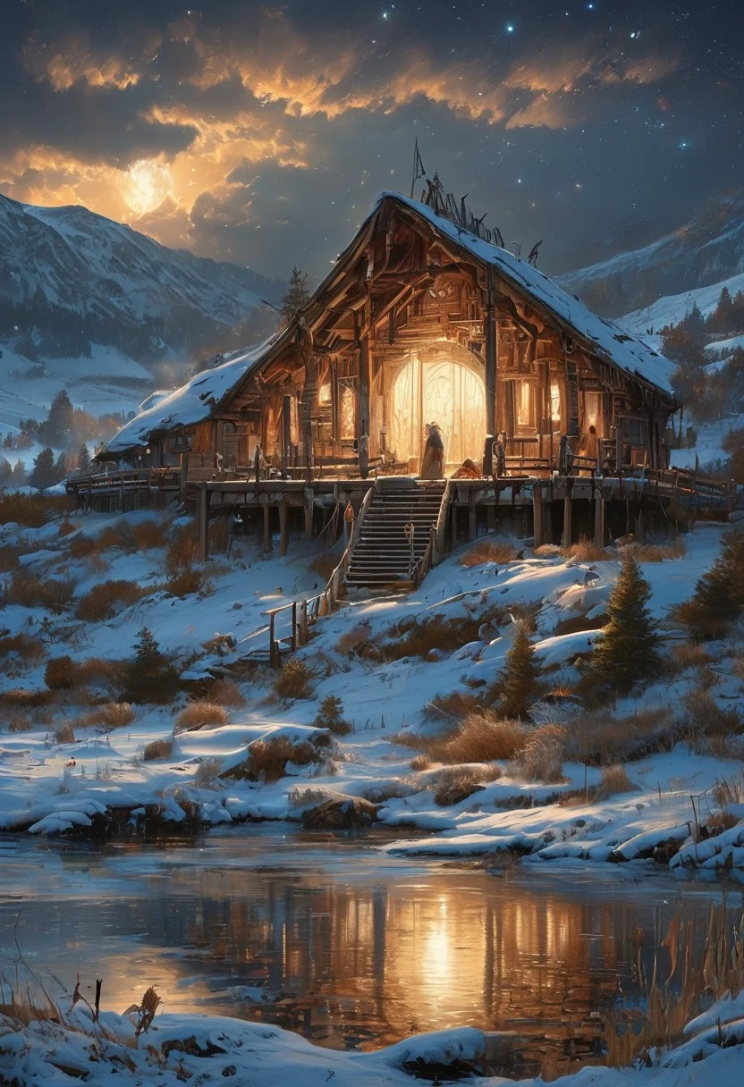 A captivating night scene illustration featuring a one floor WOODEN viking long house standing tall on a large snowy hill overlooking a lake. The beautiful viking longhouse adorned with some windows, emits a warm glow, highlighting its incredible craftsmanship. The snowy hill is covered in great pine trees, reflecting on the calm, moonlit snow that mirrors the silvery moonlight. The full moon graces the sky, casting an ethereal glow on the clouds and mountain, while wispy clouds partially obscure its brilliance, adding to the scene's mystique. Twinkling stars dot the sky, creating a celestial tapestry that harmonizes with the moon's radiance. This enchanting artwork captures a serene and peaceful night, where the illuminated WOODEN viking longhouse stands resolute amidst the celestial beauty, creating a cinematic experience., illustration, cinematic
<lora:DonM3t3rn1tyXL-v1.1:0.7>, DonM3t3rn1tyXL,
OverallDetailXL <lora:MJ52:0.3> <lora:SDXLFaeTastic2400:0.4> <lora:EpicF4nta5yXL:0.7>