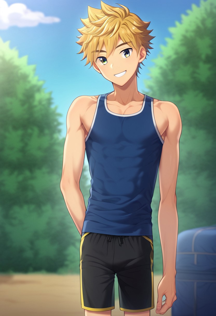 hikarishi_kenji, blond hair, short hair, bangs, 1boy, (solo:1.20), solo focus, character with (athletic body:1.1), (balanced:1.2), 1boy, solo, solo focus, blue tank top, wear black trunk, smile, proportional body, strong leg