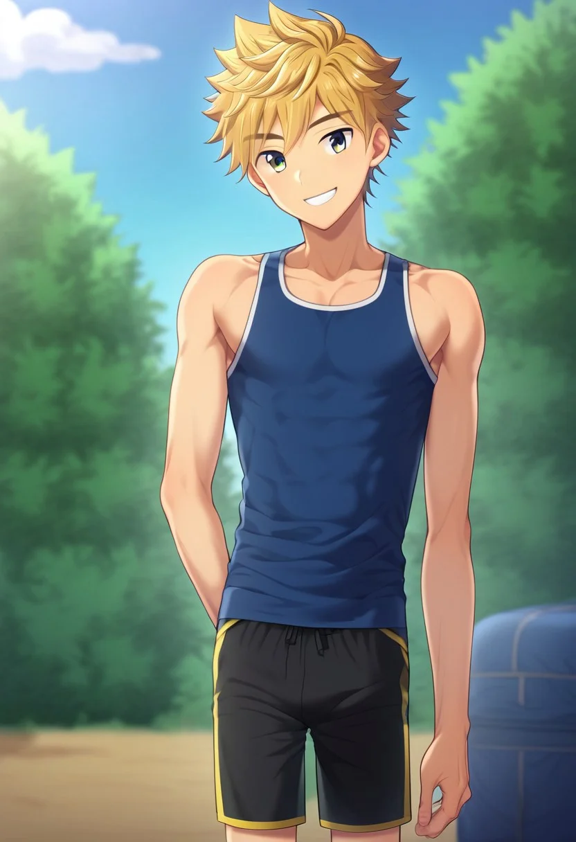 hikarishi_kenji, blond hair, short hair, bangs, 1boy, (solo:1.20), solo focus, character with (athletic body:1.1), (balanced:1.2), 1boy, solo, solo focus, blue tank top, wear black trunk, smile, proportional body, strong leg