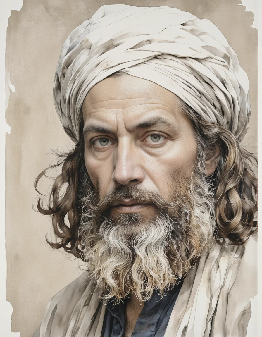 Inkquaria. A realistic digital illustration shoot from a portrait camera angle about a portrait of a man with a long beard and a turban, set against a beige background with a distressed texture. the image also shows a middle-aged man with light skin, long wavy hair, and a serious expression. on the middle of the image, a man who appears to be around 60 years old, with a beard and mustache, wearing a white turban and a dark shirt, is looking directly at the viewer with blue eyes. he has a neutral expression and is positioned in the center of the frame.