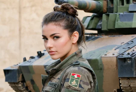 French, french badge, female soldier, brunette, messy bun, camo military fatigues, camo military fatigues, outdoor, barracks, main battle tank LECLERC, loving gaze