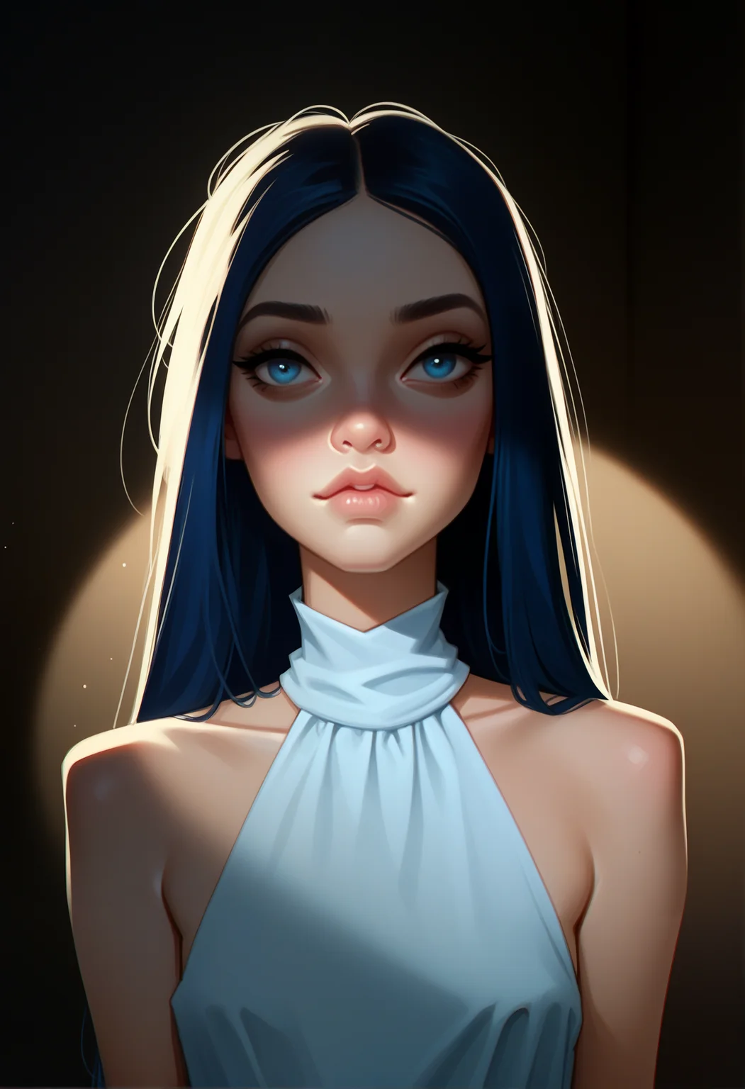 score_9, score_8_up, score_7_up, score_6_up, 1girl, portrait, petite, 25yo, perfect nose, skinny, snub nose, thin almond eyes, bright blue eyes, long straight hair, puffy upper lip, small lower lip, bare shoulders, looking at viewer, dramatic light, spotlight, night, (front view:1.1)