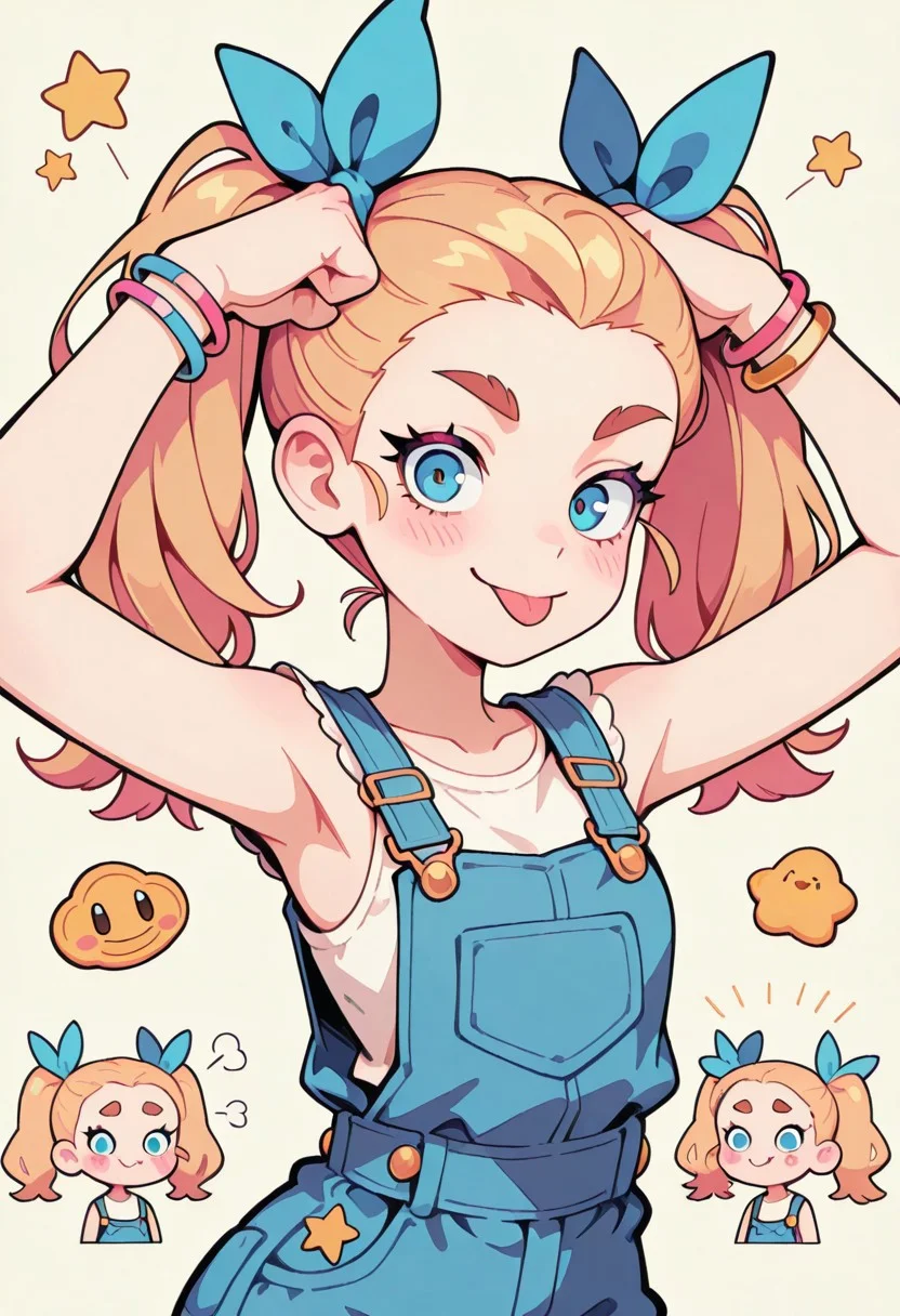 1 girl , solo , blushing , tongue out , closed mouth , bratty smile , thick eyebrow , eyelashes , cute , twintails , fist against head , winking , star , sleeveless , bracelet , overalls , ribbon , hair ribbon ,
masterpiece, best quality ,amazing quality ,S4bit4mago_illu , Protoneon ,s0wasow4rt_illu, t1m3r
