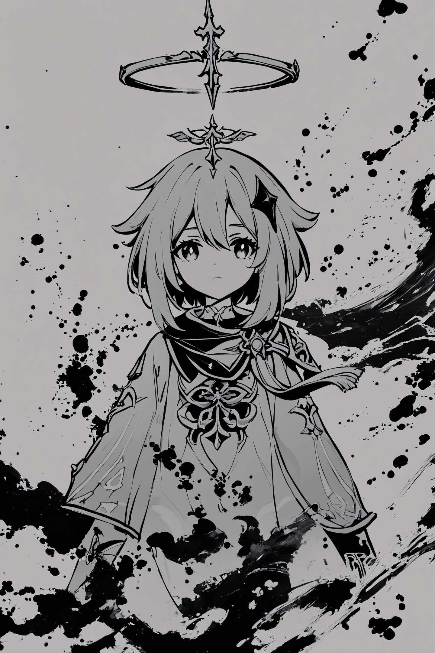 score_9,score_8_up,score_7_up,masterpiece,best quality,
ink \(medium\),paimon \(genshin impact\),1girl,monochrome,greyscale,halo,solo,hair ornament,closed mouth,long sleeves,short hair,ink backround,
<lora:okazu_XL_PONY:0.9>,