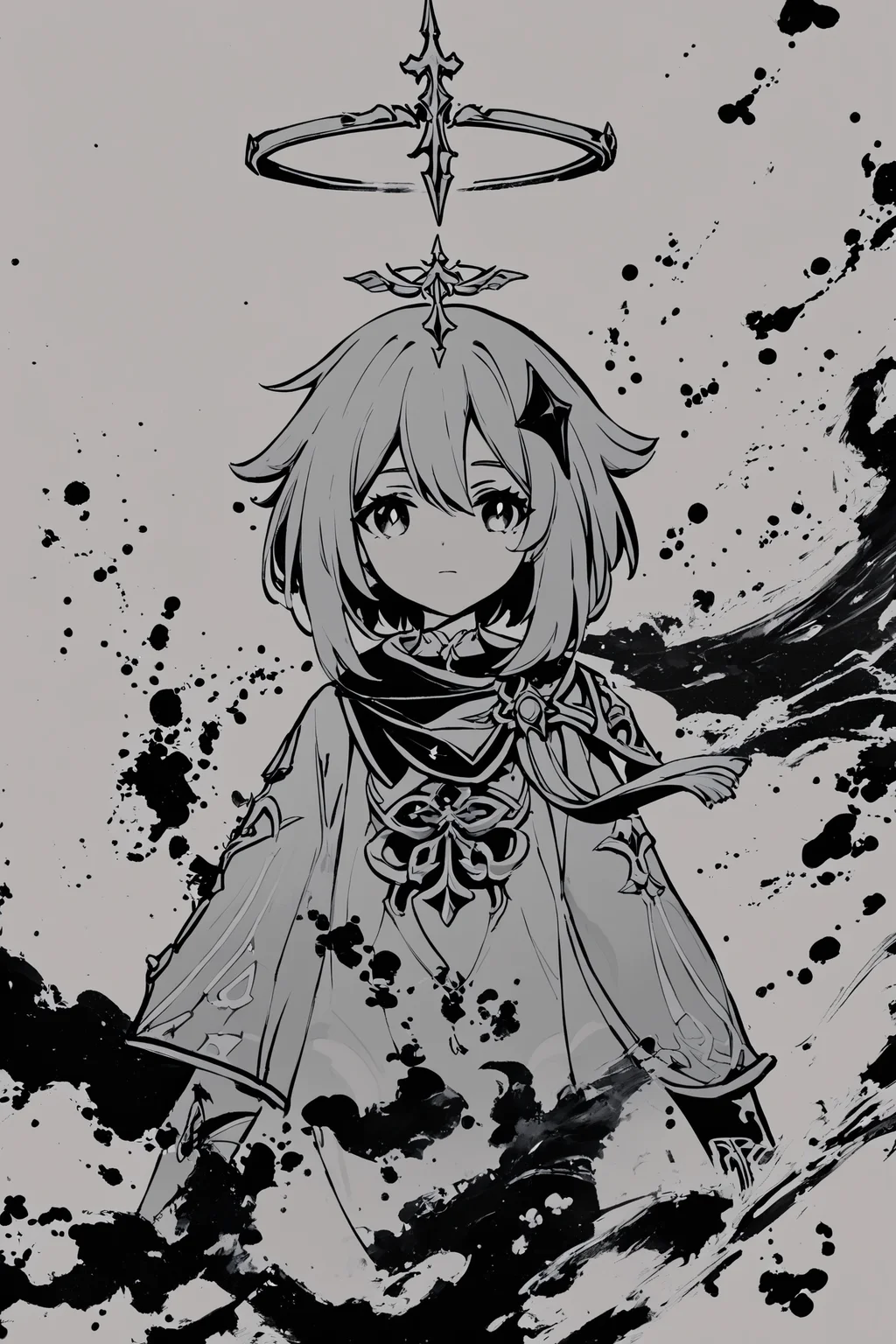 score_9,score_8_up,score_7_up,masterpiece,best quality,
ink \(medium\),paimon \(genshin impact\),1girl,monochrome,greyscale,halo,solo,hair ornament,closed mouth,long sleeves,short hair,ink backround,
<lora:okazu_XL_PONY:0.9>,
