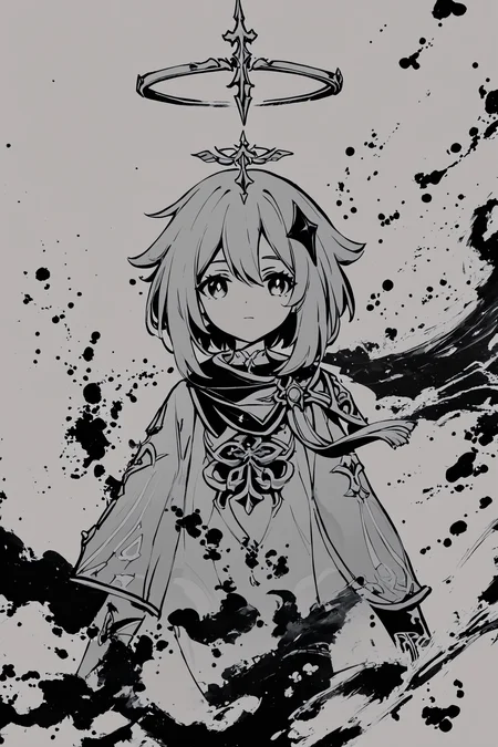 score_9,score_8_up,score_7_up,masterpiece,best quality,
ink \(medium\),paimon \(genshin impact\),1girl,monochrome,greyscale,halo,solo,hair ornament,closed mouth,long sleeves,short hair,ink backround,
<lora:okazu_XL_PONY:0.9>,