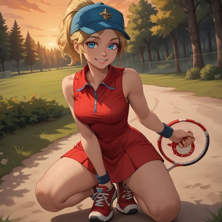 score_9, score_8, BREAK, solo, blonde hair, ponytail, cap, headwear, blue eyes, red short dress, sleeveless dress, wristband, red sneakers, Ashley_(Hot_Shots_Tennis), cute, sexy pose, self portrait, smile, outdoors, sunlight, shadows, evening lighting, natural lighting, forest, trees, grass, orange sky, sunset