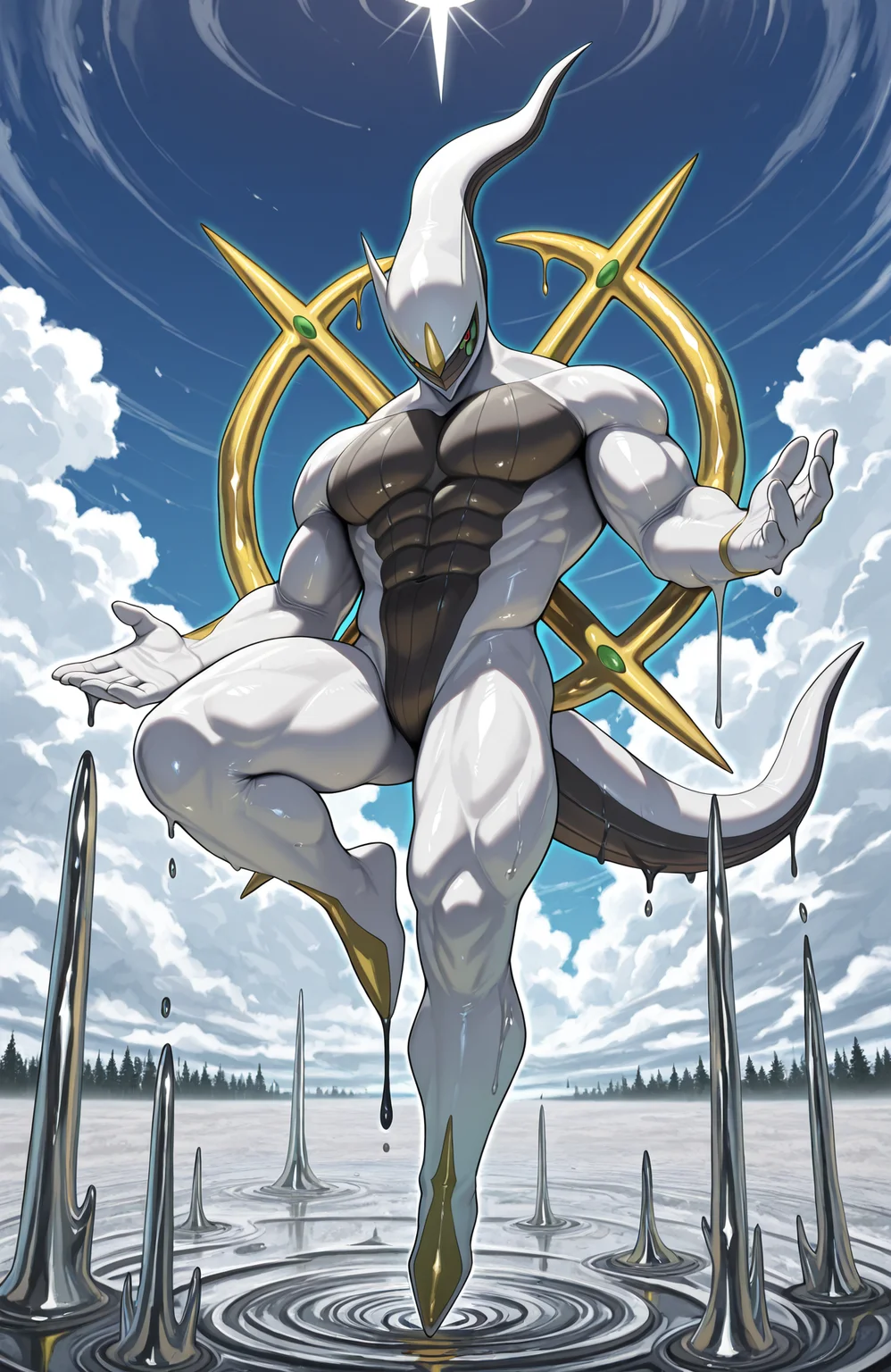 r50_arceus, anthro, muscular male,
tail, (deitic wheel:1.2),
from below, head down, looking down, open hand, hand towards viewer, plantar flexion, knee up,
aura, glowing outline, floating, midair, levitation,
<lora:[Char - IL] Pokemon - Arceus (R1E18):1> 
BREAK
metal forest, liquid metal trees, melting environment, melting liquid metal, floating liquid metal drops,
silver trees, wavy distorted ground, silver chrome ground,
day, sky, swirling clouds,
masterpiece, best quality, amazing quality, very aesthetic, absurdres, newest, very awa,