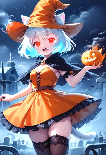 (masterpiece), (score_9, score_8_up, score_7_up,source_anime), 4K8K,
(from behind:1.2), misty, steam, fog, skull object, Floating Halloween pumpkins,
halloween, halloween fantasy, ais-ghostly, ghostly Owl,
Japanese cute woman, closed legs, (solo), cream skin, burning pumpkin, Fire Ball spell casting, (dark aura:1.4), open mouth, Canine, tooth, fang, cat tails,
(medium figure:0.9), (pointy breasts:1.1),
(opal hair, bob cut hair), (red glowing eyes, slanted eyes:1.2),
(wearing orange Witch Costume, witch, orange dress, orange hat, zettai ryouiki, orange garterbelt, thighhighs:1.2),
(in Foggy graveyard at dark night:1.3), nekomata, cat girl, cat ears, animal ears, animal ear fluff,