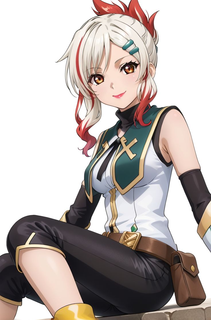 <lora:add-detail-xl:1>source anime, detailed, official art, masterpiece,
<lora:HandFineTuning_XL:1>
BREAK,
white background,
sitting, smile, (open smile:0.6), (from side:0.6), (from back:0.6), cowboy shot,
BREAK,
 <lora:fourier_pdxl_v02:0.7>
togfourier, yellow footwear, brown eyes, elbow gloves, gradient hair, hair ornament, hairclip, lipstick, multicolored hair, white hair, red highlights, coat, sleeveless, short pants, black turtleneck, thigh pouch, belt, black short pants, detached sleeves, black detached sleeves, score 9, source anime