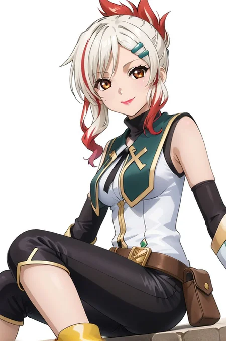 <lora:add-detail-xl:1>source anime, detailed, official art, masterpiece,
<lora:HandFineTuning_XL:1>
BREAK,
white background,
sitting, smile, (open smile:0.6), (from side:0.6), (from back:0.6), cowboy shot,
BREAK,
<lora:fourier_pdxl_v02:0.7>
togfourier, yellow footwear, brown eyes, elbow gloves, gradient hair, hair ornament, hairclip, lipstick, multicolored hair, white hair, red highlights, coat, sleeveless, short pants, black turtleneck, thigh pouch, belt, black short pants, detached sleeves, black detached sleeves, score 9, source anime
