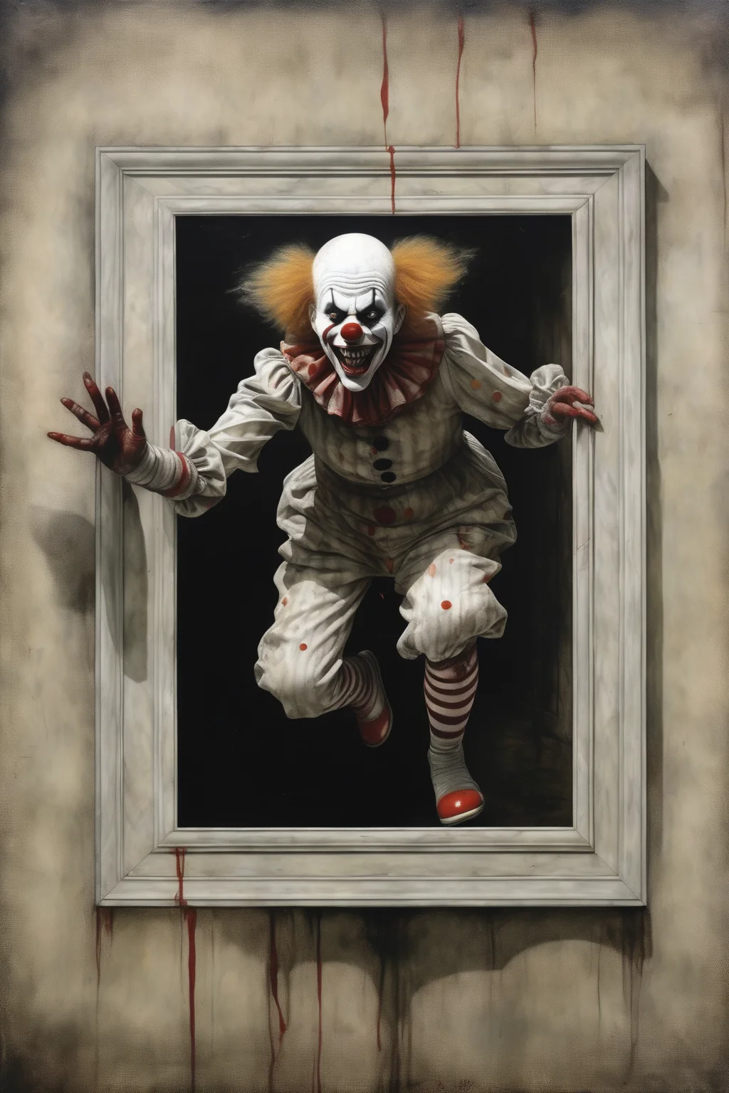 <lora:Santiago Caruso Style:1>Santiago Caruso Style - A trompe l'oeil painting of an evil clown escaping out of a picture frame