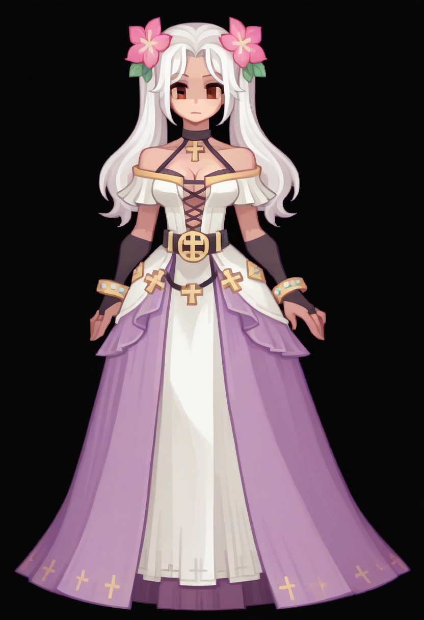 (Black background) long hair, white hair, twin tails, hair flower, pink flower, brown eyes, halter neck, long dress, white dress, off-shoulder dress, cross-laced dress, black gloves, bridal gauntlets, overskirt, purple skirt, black belt, bracelet, bare shoulders, collarbone, cleavage, afkArenaStyle, Ragnarok online character, Black filled oval eyes, ROSPRITE