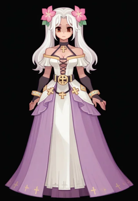 (Black background) long hair, white hair, twin tails, hair flower, pink flower, brown eyes, halter neck, long dress, white dress, off-shoulder dress, cross-laced dress, black gloves, bridal gauntlets, overskirt, purple skirt, black belt, bracelet, bare shoulders, collarbone, cleavage, afkArenaStyle, Ragnarok online character, Black filled oval eyes, ROSPRITE