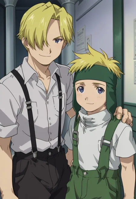 score_9, score_8_up, score_7_up, source_anime, highly detailed, 2boys,

fletchertringham, 1boy, male focus, blonde hair, upper body, standing, shirt, white shirt, pants, short sleeves, headband, green pants, overalls, forehead protector, blue eyes, smile, BREAK

russelltringham, 1boy, male focus, blonde hair, blue eyes, suspenders, shirt, pants, black pants, white shirt, collared shirt, hair over one eye, BREAK

posing for a photo, brothers, hand on another's shoulder, height difference,