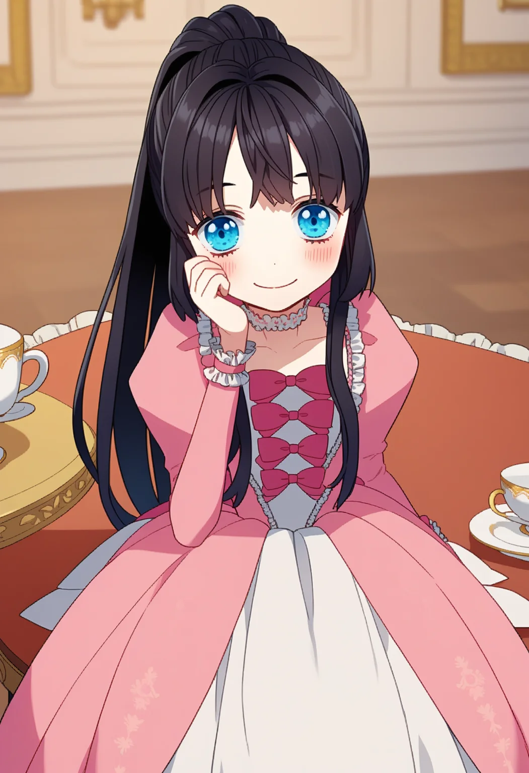 score_9, score_8_up, score_7_up, source_anime, ,
BREAK
1girl, solo,
<lora:shiAbiDaughtV1:1>, 
shiabidaughdef, vnstyle,
black hair, blue eyes, long hair, ponytail, 
frilled dress, pink bow, pink dress, long sleeves, puffy sleeves, juliet sleeves, 
frills, long dress, 
looking at viewer, sitting, happy, smile, blush, table, teacup,