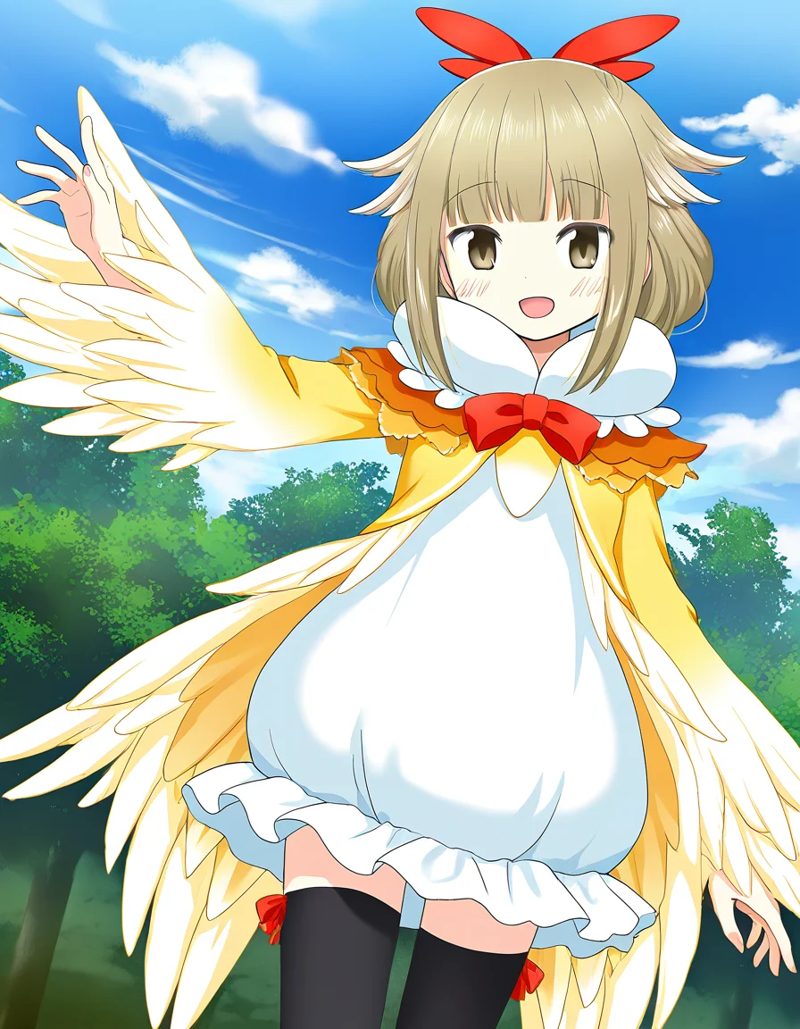 masterpiece, best quality, newest, absurdres, highres, safe, 1girl, hiroe chiharu \(bird costume\), magia record: mahou shoujo madoka magica gaiden, bare hands, thighhighs, solo, open mouth, outdoors, dutch angle, <lora:hiroe_chiharu_noobaiXLNAIXL_vPred10Version:0.7>
