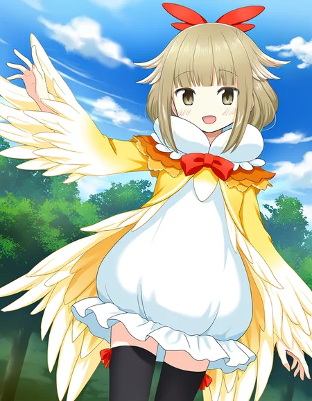 masterpiece, best quality, newest, absurdres, highres, safe, 1girl, hiroe chiharu \(bird costume\), magia record: mahou shoujo madoka magica gaiden, bare hands, thighhighs, solo, open mouth, outdoors, dutch angle, <lora:hiroe_chiharu_noobaiXLNAIXL_vPred10Version:0.7>