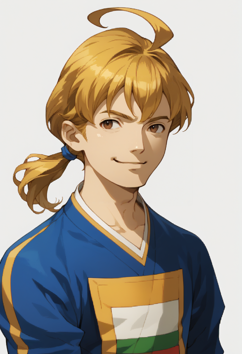 score_9, score_8_up, score_7_up, source_anime, 1boy, solo, confidant, smile
<lora:zs_SMTIVPortraitsXL_2:1> smtivportraits, portraits, white background
 <lora:fframza-pdxl-nvwls-v1:1> ramza beoulve, blonde hair, ahoge, brown eyes, low ponytail, blue shirt, long sleeves,