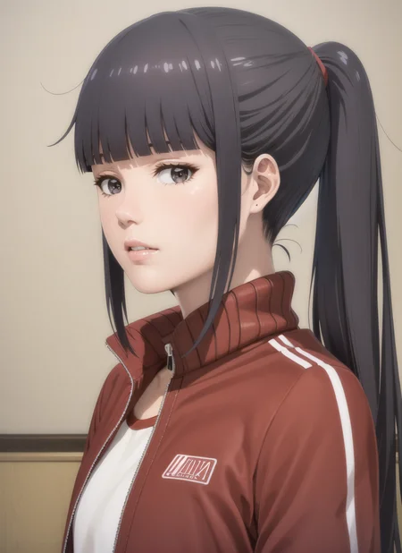 (realistic:1.5), 1girl, solo, <lora:gundou_misuzu-04:0.7>, gundou_misuzu, alternate hairstyle, (sidelocks), ponytail, japanese, teen, looking at viewer, indoors, track suit, red track suit, track jacket, red jacket, portrait