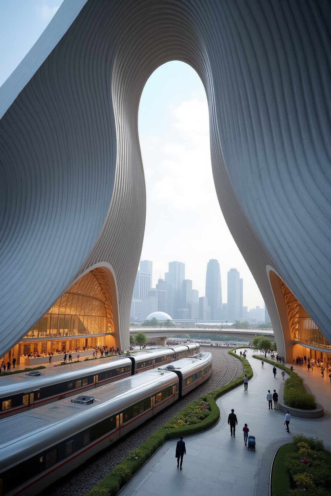 YFG-Sm0rg, Generate an image of a large, futuristic train station in the style of Santiago Calatrava's signature flowing lines and curves. The station is situated at the edge of a bustling city, with a sleek glass and steel façade that appears to blend seamlessly into the surrounding environment.
Viewing angle: A low-angle shot from the street level, showcasing the grandeur of the structure as it towers above the cityscape.
Expression/pose: The train station's entrance is wide open, revealing a cavernous interior filled with natural light pouring in through a massive skylight. Passengers are milling about, some boarding trains while others wait on the platform.
Details:
* Skin: The stone and metal surfaces of the building have a smooth, weathered quality to them, as if they've been shaped by years of exposure to the elements.
* Hair: A few wisps of cloud drift lazily across the sky above the station, adding a touch of whimsy to the scene.
* Scenery:
	+ The cityscape is bustling with activity, with cars and buses whizzing by on the streets below. Towering skyscrapers loom in the distance, their peaks shrouded in mist.
	+ A small park adjacent to the station features a meandering walking path lined with neatly trimmed hedges and blooming flowerbeds.
* Additional details: The train station's interior is a marvel of modern design, featuring a sweeping catwalk that appears to defy gravity as it curves upward toward the skylight. The glass floor panels offer an unobstructed view of the tracks below, while the walls are lined with polished steel ribs that evoke the sensation of being inside a massive metal shell.
Color palette:
* Dominant colors: Soothing blues and grays, evoking a sense of serenity and modernity.
* Accent colors:
	+ Warm golden tones in the stone and metal surfaces add a touch of warmth and depth to the scene.
	+ The vibrant greenery in the park provides a splash of color against the more subdued backdrop.
Style: Calatrava's signature flowing lines and curves are on full display, with smooth, organic shapes that seem to flow effortlessly from one another.