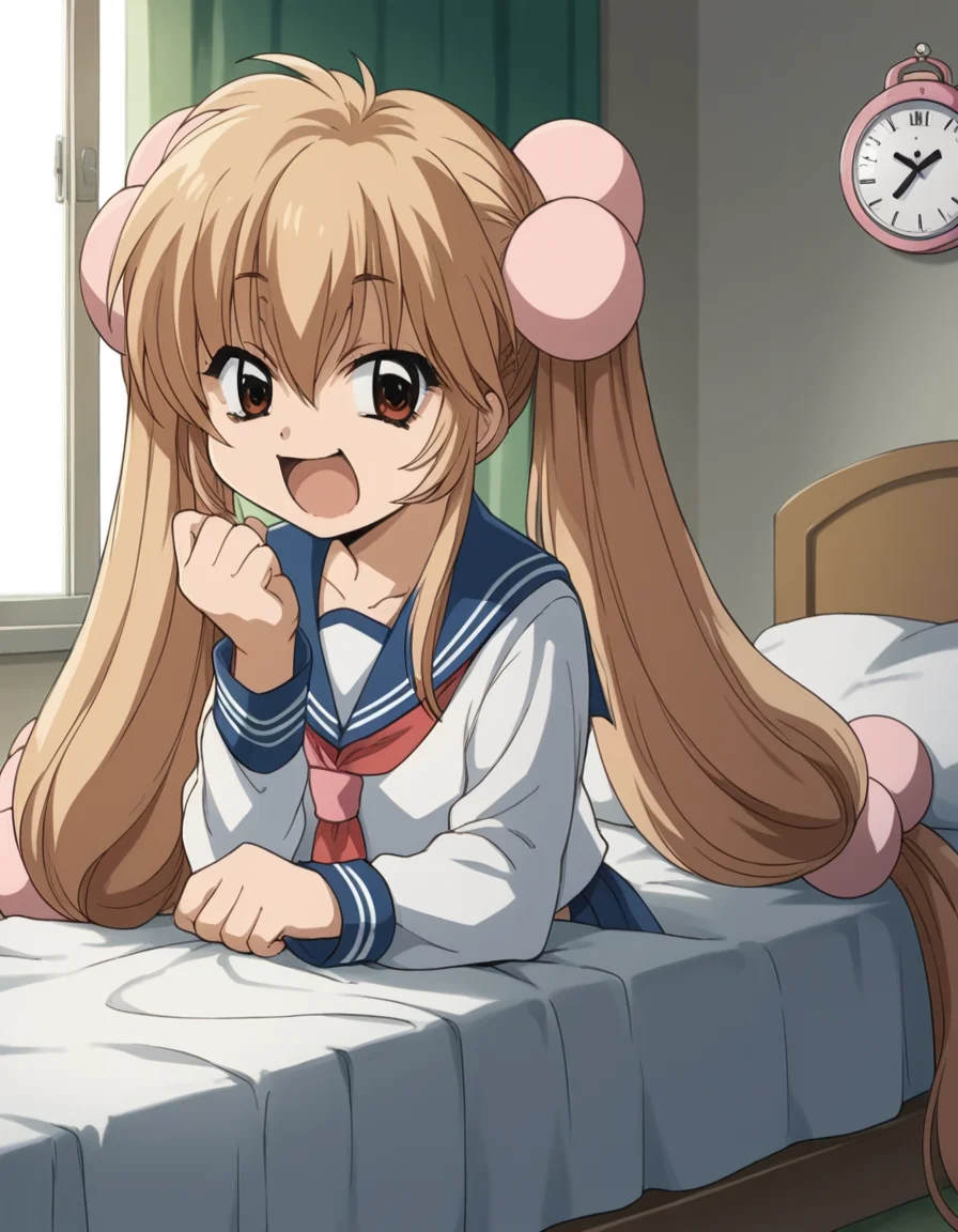 score_9, score_8_up, score_7_up, source_anime, <lora:rin-kokonoe-s1-ponyxl-lora-nochekaiser:1>, rin kokonoe, long hair, brown hair, hair ornament, twintails, brown eyes, very long hair, hair bobbles,, school uniform, serafuku, long sleeves,, bedroom, alarm clock, morning routine, yawning, stretching, on bed,, smile, sitting, elbow rest, table,, looking at viewer, solo,, dutch angle, cowboy shot