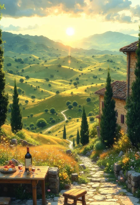 Tuscany Rolling Hills
"A breathtaking Tuscan landscape with rolling green hills bathed in warm golden light. A winding dirt road lined with tall cypress trees leads to a rustic stone farmhouse with terracotta roof tiles. The fields are covered in vineyards and golden wheat, stretching as far as the eye can see. In the foreground, a small wooden table with a bottle of wine and two glasses sits on a stone terrace overlooking the valley."