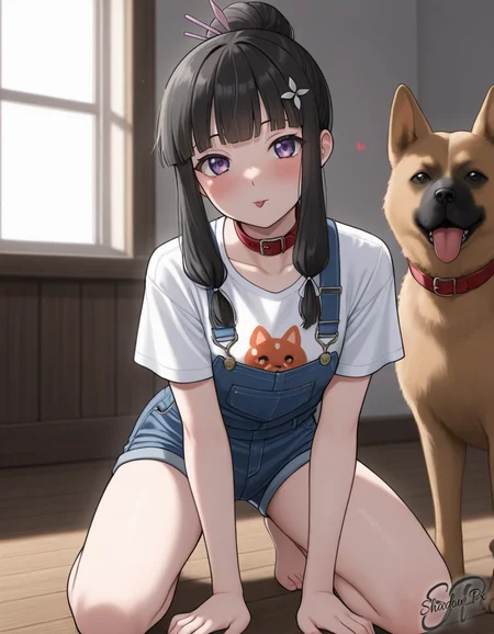 K43h4, black hair, hair ornament, purple eyes, single hair bun, masterpiece, best quality, amazing quality, very aesthetic, newest, scenery, uncensored, 1girl, solo, looking at viewer, blush, shirt, closed mouth, collarbone, white shirt, short sleeves, heart, parted lips, shorts, day, tongue, pants, indoors, tongue out, collar, lips, window, kneeling, animal, sunlight, denim, t-shirt, hair over shoulder, dog, wooden floor, overalls, print shirt