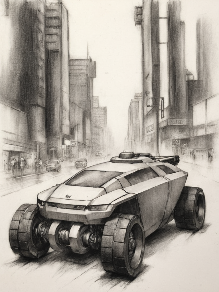 robotic vehicule, cyberpunk cityscape<lora:A_GraphiteCharcoal_Style:1> graphite_charcoal, drawing study, outline, (rough sketch:1.3), (bold srokes), paper grain, traditional media,