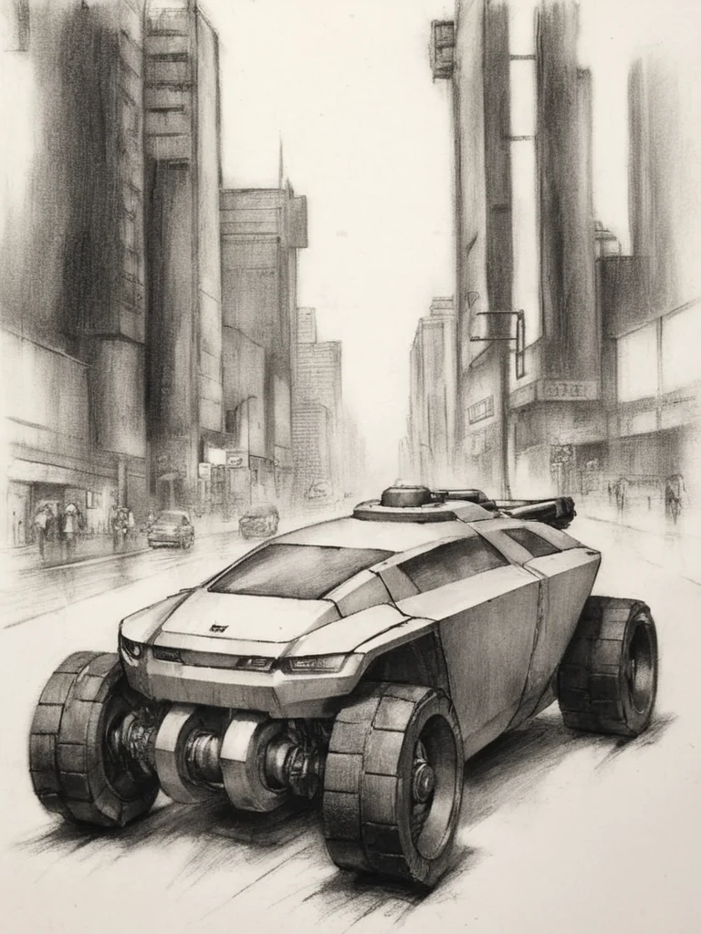 robotic vehicule, cyberpunk cityscape<lora:A_GraphiteCharcoal_Style:1> graphite_charcoal, drawing study, outline, (rough sketch:1.3), (bold srokes), paper grain, traditional media,