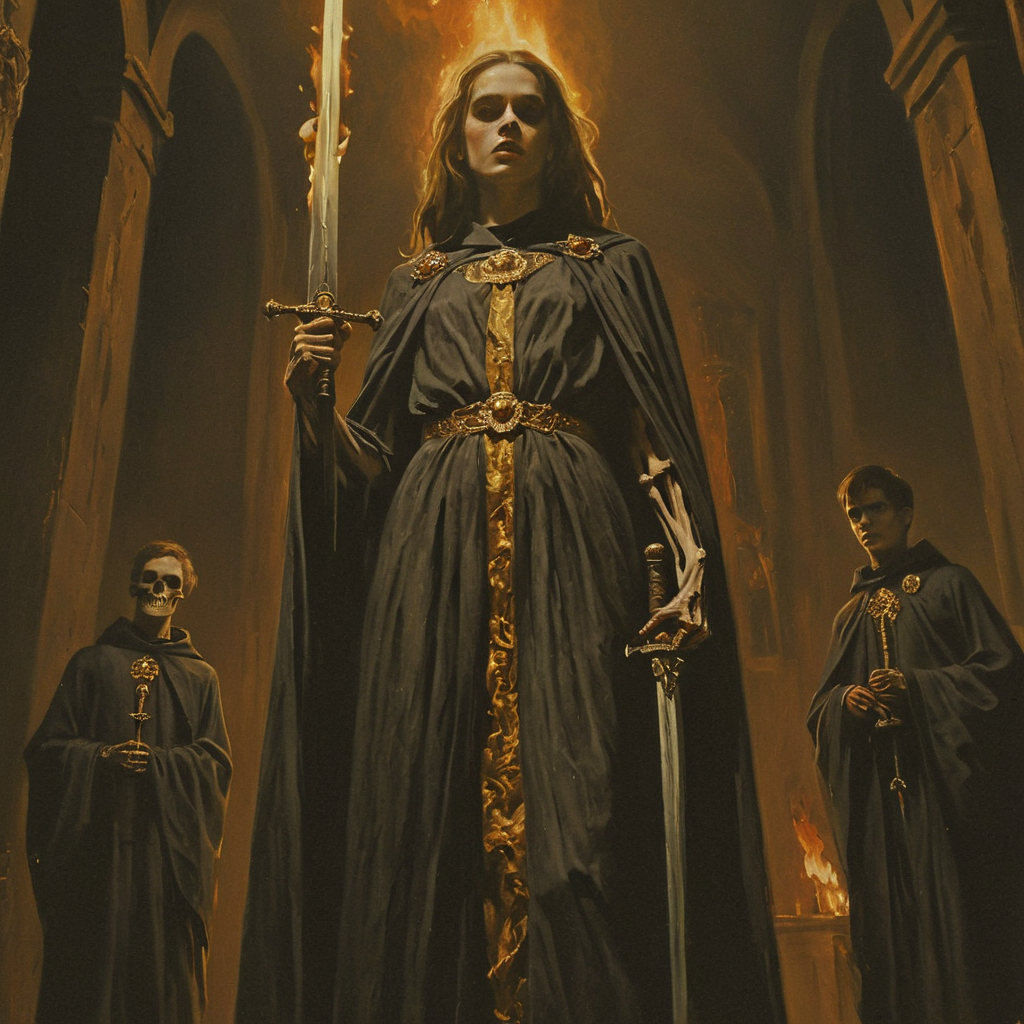 dark fantasy art style, a dramatic close-up portrait low angle shot painting of young woman, dressed in robes and adorned with a golden brooch, holds a flaming sword. Behind her stand two young men, robed, and a skeletal figure in tattered robes, in a dark gothic hall, chiaroscuro lighting, grainy, painterly texture
