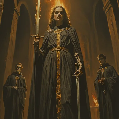 dark fantasy art style, a dramatic close-up portrait low angle shot painting of young woman, dressed in robes and adorned with a golden brooch, holds a flaming sword. Behind her stand two young men, robed, and a skeletal figure in tattered robes, in a dark gothic hall, chiaroscuro lighting, grainy, painterly texture