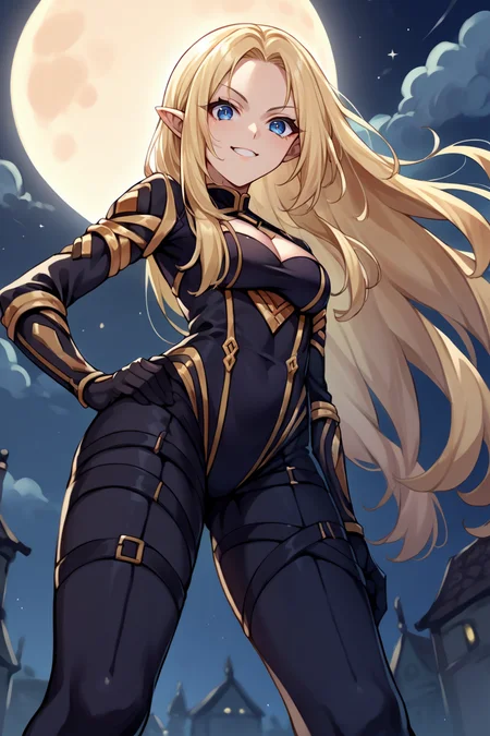 score_9, score_8_up, score_7_up, score_6_up, source_anime, 1girl, solo, <lora:alpha-pdxl-nvwls-v1-000005:1> alpha, blue eyes, blonde hair, black bodysuit, gold trim, cleavage cutout, black gloves, hand on hip, smile, from below, night, moon, forced perspective, standing