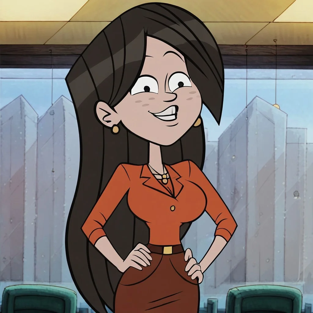 score_9,score_8_up,score_7_up, jewelry, smile, skirt, long hair, earrings, 1girl, parody, indoors, hand on hip, big breast,