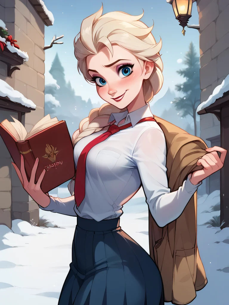 score_9, score_8_up, score_7_up, score_6_up, ElsaXPL, holding books, blush, winter, school uniform, red tie, single braid over shoulder, curvy, medium breasts, narrow waist, wide hips, thick thighs, looking at viewer, dynamic angle, cowboy shot, cartoon, dynamic pose, light smile, disney, blizzard, from side, from above, sexy pose,
<lora:ElsaXLP_Character-10:1> <lora:BlushySDXL:0.75> blushyspicy,