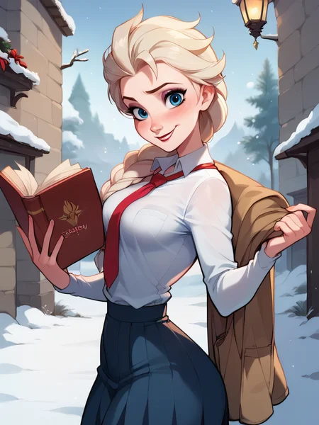 score_9, score_8_up, score_7_up, score_6_up, ElsaXPL, holding books, blush, winter, school uniform, red tie, single braid over shoulder, curvy, medium breasts, narrow waist, wide hips, thick thighs, looking at viewer, dynamic angle, cowboy shot, cartoon, dynamic pose, light smile, disney, blizzard, from side, from above, sexy pose,
<lora:ElsaXLP_Character-10:1> <lora:BlushySDXL:0.75> blushyspicy,
