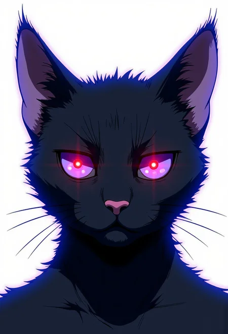 Anime-styled illustration close-up portrait of a domestic shorthair cat. The cat's face and upper body are covered in its natural black fur.
The cat's piercing, almond-shaped eyes are purple with black pupils, with a bright, glowing red light in the center of each pupil which stand out against the black contrast. Its Its ears are perked forward, alert and attentive. The cat's small, pink nose is perfectly centered, providing a subtle touch of color amidst the monochrome design.
Shot against a pure white background, the lighting is dramatic and high-contrast, emphasizing the cat's eyes. The illumination highlights the sleek texture of the cat's short fur and the reflective quality of its eyes.
Every detail is captured with precision: individual whiskers, the subtle variations in the cat's skin texture, and the crisp edges of the painted patterns. The image is composed as a head and shoulder shot, filling the frame with the feline's uniquely adorned face and upper body.
The Cat is highlighted by a faint glowing blue outline around it, indicating that they might be using or preparing to use some sort of power or ability.
C0NTR4CT0R