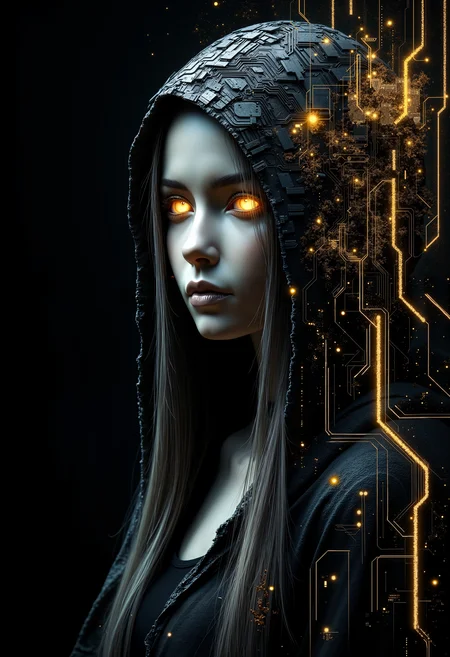 bo-digitalabstract, a digital artwork depicting a surreal, ethereal scene, the central figure is a young woman with pale skin and long, straight hair that cascades down her shoulders, her eyes are glowing with a warm, golden hue, giving her an otherworldly appearance, she wears a hood that covers her head, partially obscuring her face, the background is a dark, almost black, with intricate, digital circuitry and lines that create a sense of depth and complexity, the circuitry is composed of various shades of black and gold, with some appearing lighter and others appearing darker, creating a stark contrast, the lines and lines are distorted and distorted, adding to the ethereal quality of the artwork, the woman's expression is serene and contemplative, with her lips slightly parted, the overall style is highly detailed and realistic, with a focus on texture and depth, and the use of light and shadow enhances the surreal and otherworldly atmosphere<lora:FLUX Digital Abstract\bo-digitalabstract_epoch_5.safetensors:0.8:0.8>