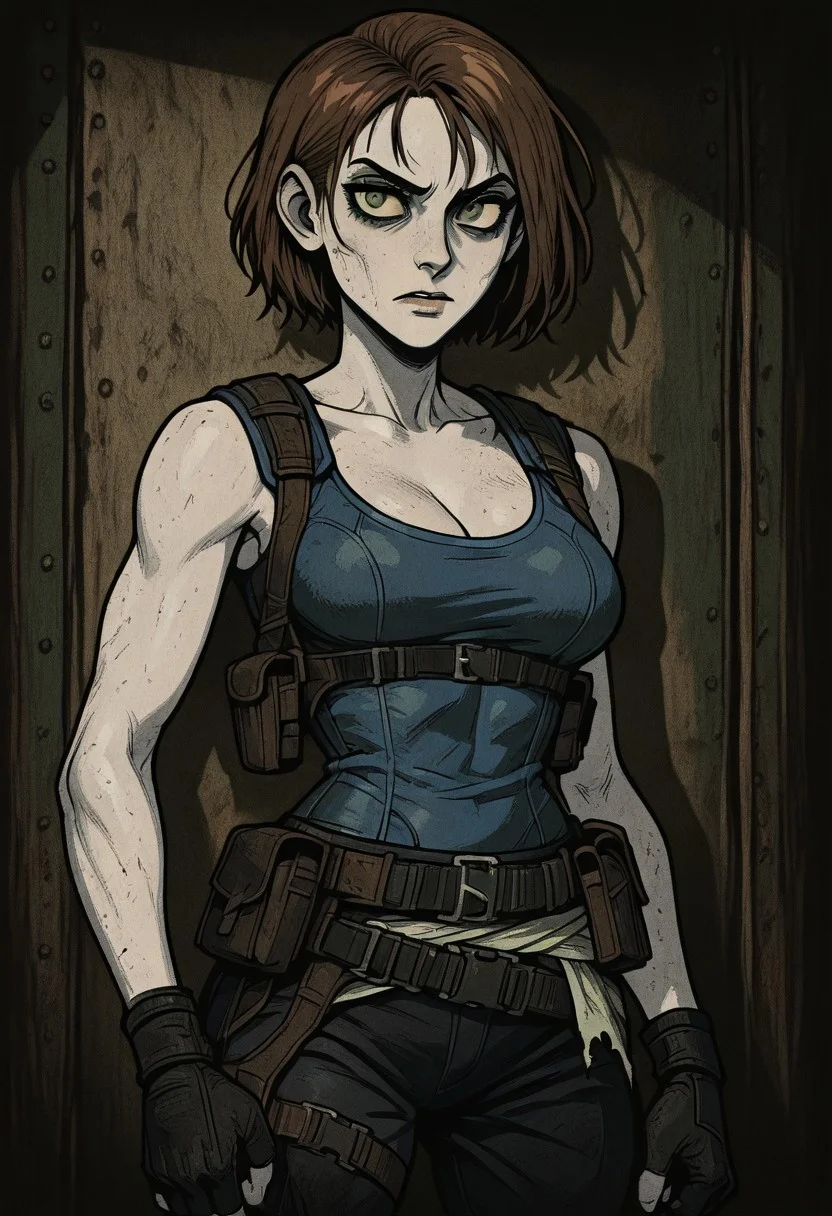 masterpiece, best quality, newest, absurdres, highres, HORCOMV1.0, H3LL15F0R3V3R,
1girl, jill valentine \(resident evil\), pale skin, brown hair, green eyes, short hair,