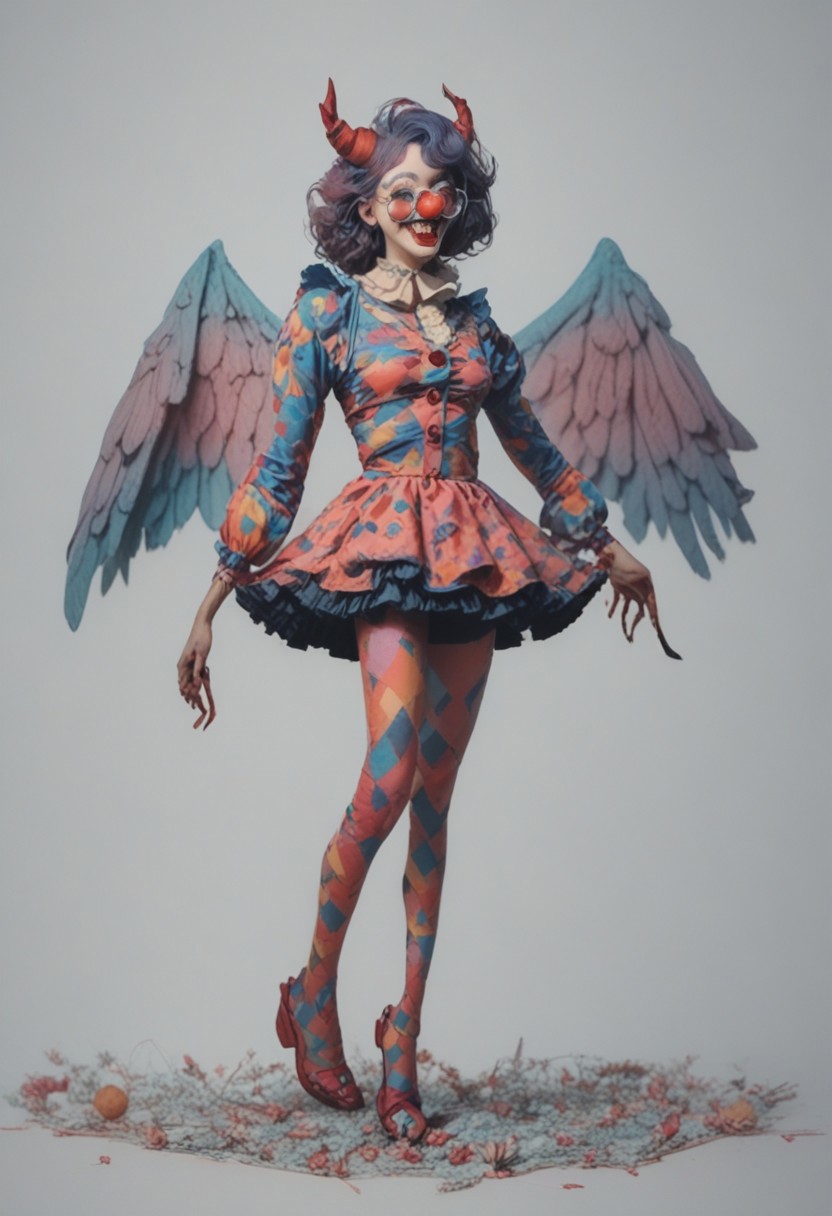 score_9, score_8_up, score_7_up, score_6_up, 
1girl, clown girl, 
roundglassesb, big round glasses, 
slim, slender, long legs, 
clown suit, frilly skirt,
wings, fangs, horns