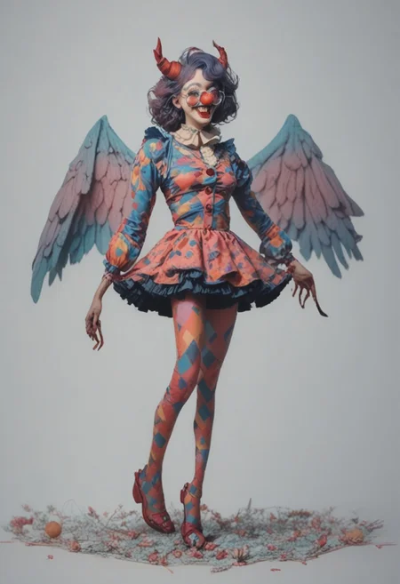 score_9, score_8_up, score_7_up, score_6_up, 
1girl, clown girl, 
roundglassesb, big round glasses, 
slim, slender, long legs, 
clown suit, frilly skirt,
wings, fangs, horns