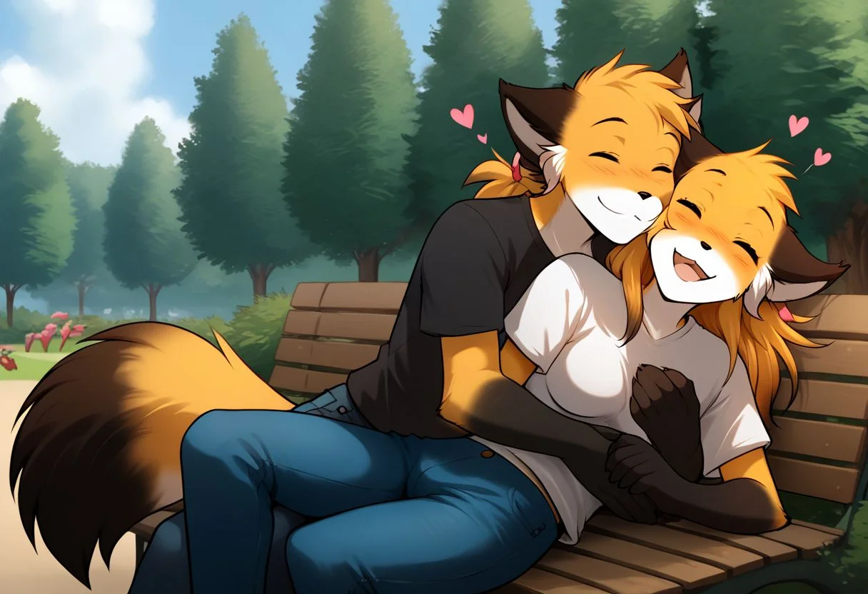 score_9, score_8_up, score_7_up, score_6_up, source_furry, rating_explicit, duo, duo focus, anthro male fox, fox, anthro, Perfect Hands, 1boy, happy expression, happy smile, park, Sitting on a bench, thin waist, flat stomach, lean, eyes contact, black T-shirt, jeans, hugging
BREAK
score_9, score_8_up, score_7_up, score_6_up, source_furry, rating_explicit, duo, duo focus, female, mike-twokinds, Perfect Hands, 1girl, happy expression, laughing, park, Sitting on the guy's lap, thin waist, flat stomach, lean, eyes close, furry fox paws, white T-shirt, cute shorts, floating hearts, medium breasts, hugging