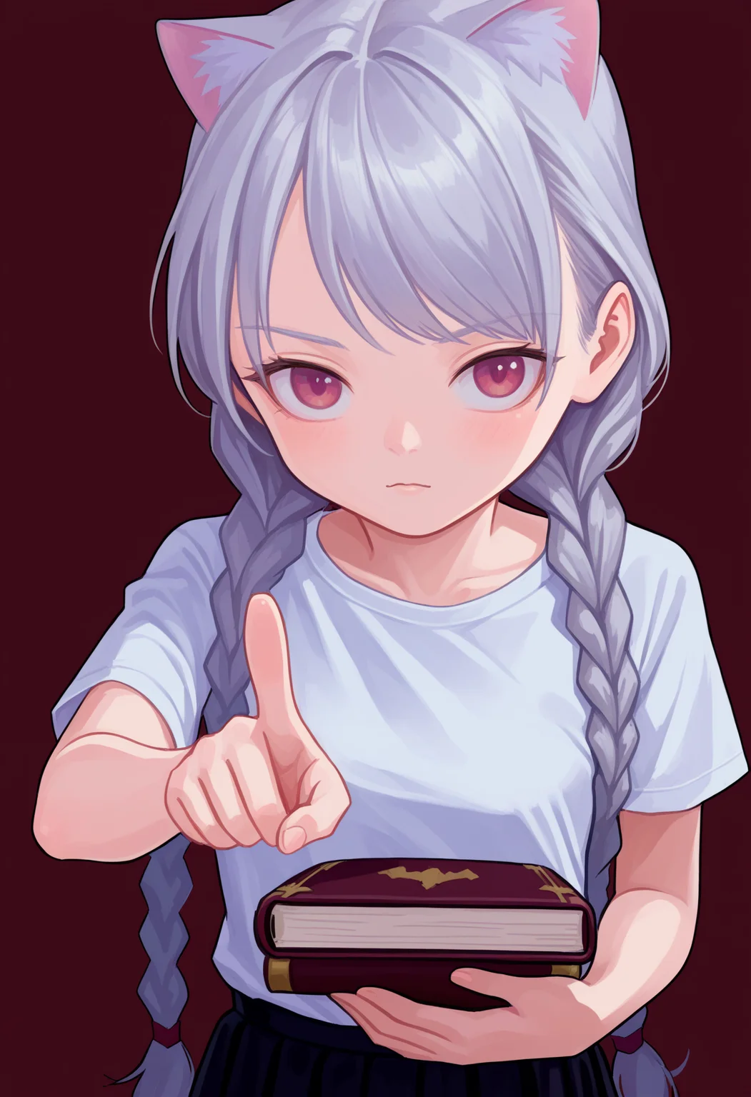 score_9, best quality, masterpiece, uncensored, source_anime
BREAK
1girl, animal ears, black skirt, book, braid, cat ears, holding, holding book, long hair, looking at viewer, silver hair, pointing, pointing at viewer, shirt, simple background, skirt, solo, t-shirt, twin braids, upper body, white shirt
<lora:fkey_pony_v1:1>