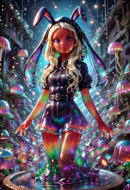 best quality, masterpiece, ultra-detailed,1 girl. jelly style, jelly girl, yomozuki runa, jelly face, jelly hands, jelly clothes, jelly hair, blonde hair, hood on, hood with long black rabbit ears, jelly skin, purple eyes, long hair, uniform, kigurumi, lighting from behind so jelly gilr semi-transparent, 
BREAK anthropomorphic , shaking jelly legs, in heat, o-face, Sexy pose, dynamic viewing angle, cowboy shot, playful lighting,
<lora:bad_prompt_version2-neg:1> <lora:By bad artist -neg:1> <lora:Jelly_Style:1>