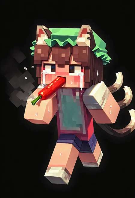 <lora:SDXL\Illustrious\ComfyUI_itercomp_00001_.safetensors:1.0:1.0> <lora:SDXL\Illustrious\minecraft filter [IL]_1.safetensors:1.6:1.0>minecraft filter,1girl, chen, green mob cap, cat ears, two tails, full body, streaming tears, eating chili pepper, sweatdrop, smoke from ears, hot, red face, BREAK Tsukumizu,(porforever:0.5),(rei \(sanbonzakura\):0.8),masterpiece, absurdres, aesthetic, best quality,[:dark theme:15]