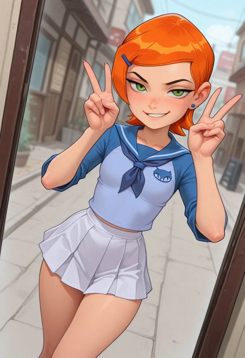 masterpiece, best quality, good quality, very aesthetic, absurdres, newest, 8K, depth of field, focused subject, mythp0rt,
stylized, wabi sabi,
1girl, Gwen_Tennyson, orange hair, short hair, green eyes, freckles, cute,
smug,
petite body, small waist, curvy, thighs, shapely legs,
small breasts,
school uniform, transparent,
standing, selfie, peace sign,
dynamic angle,
outdoors,