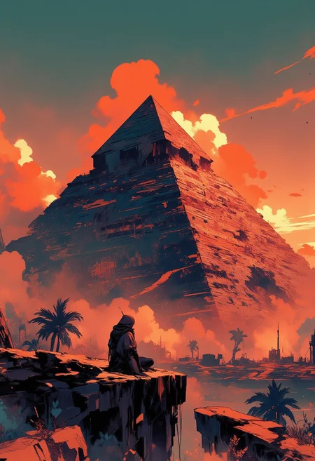 Mh1$AgThS2, intricate linework with expressive contrasts, soft lighting with dynamic highlights, image of an Egyptian pyramid, silhouetted at sunset, sparse clouds, In the style of ff-td